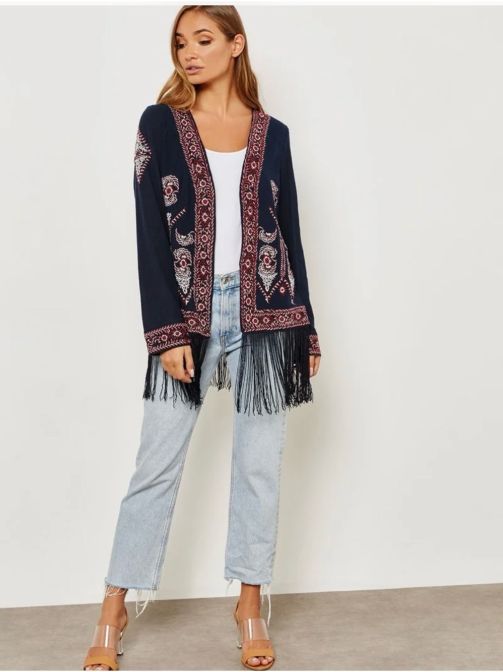 Mango Navy Embroidered Fringe Open Kimono